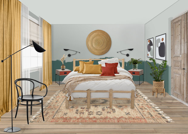 Визуализация интерьера спальни в стиле бохо с элементами скандинавского