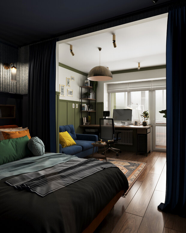 Фотография: Спальня в стиле Современный, Малогабаритная квартира, Квартира, Проект дня, Московская область, Кирпичный дом, 1 комната, до 40 метров, Анастасия Струве, современный с элементами классики и винтажа – фото на INMYROOM