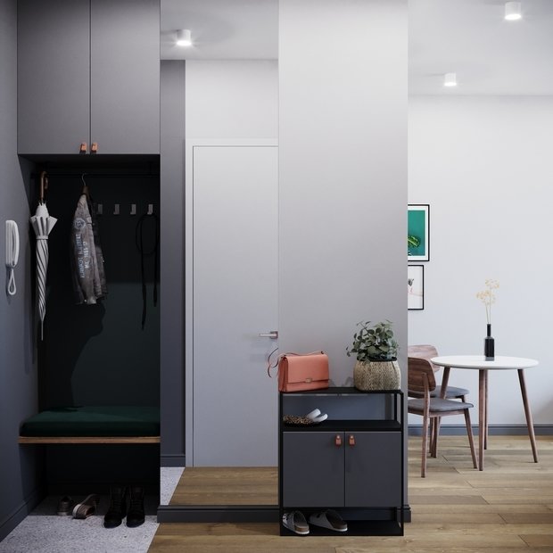 Фотография: Прихожая в стиле Скандинавский, Минимализм, Кухня и столовая, Гостиная, Спальня, Лофт, Квартира, Проект дня, Серый, 2 комнаты, до 40 метров, Студия 20:18 – фото на INMYROOM