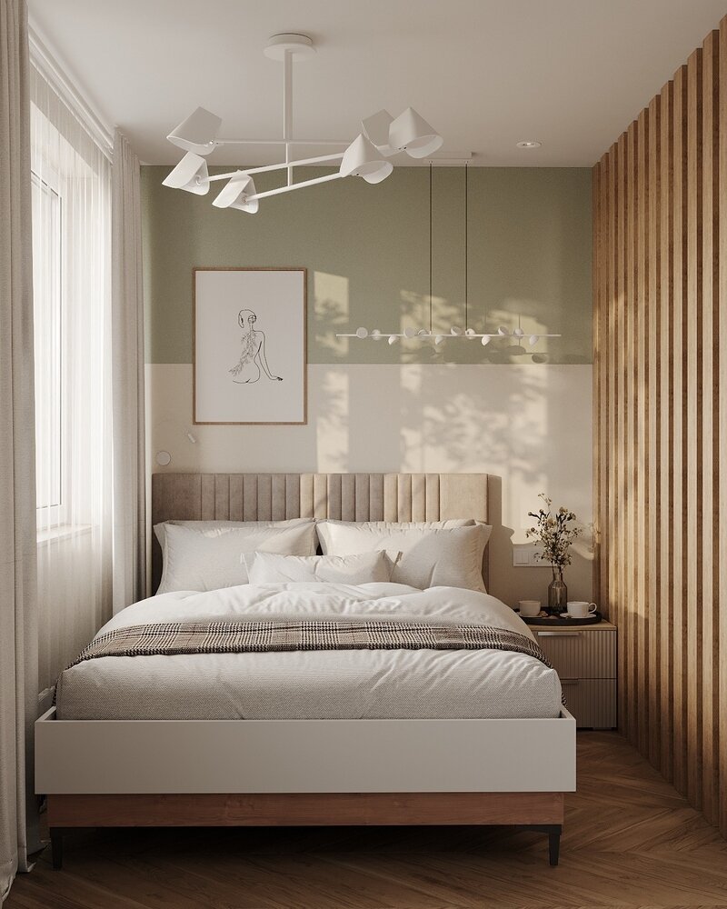 Кровать визуально очень легкая, на ножках, но с ящиком для хранения. Обивка кровати и дивана — велюр, очень нежная и мягкая ткань. Диванчик более основательный на вид, он дополнительно зонирует пространство.