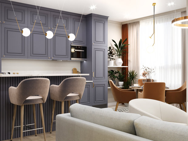 Кухня и столовая зона отделены от гостиной барной стойкой (зона завтраков), а также визуально — сменой напольного покрытия.