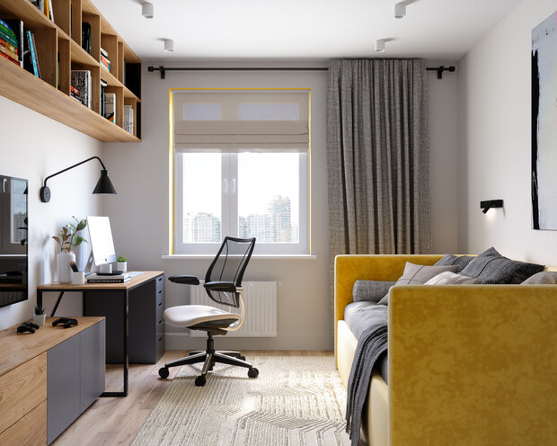 Стеллаж для книг подняли под потолок, так пространство кажется свободнее.