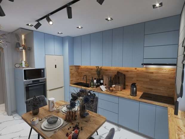 Визуализация интерьера кухни в современном стиле с синими фасадами и деревянной столешницей