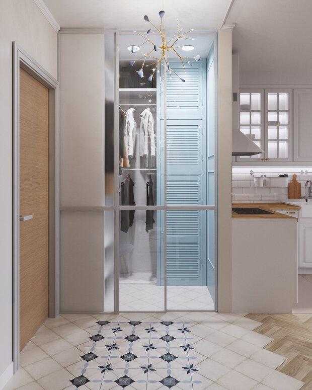 В коридоре в нише встроено хранение, разделенное на две функциональные зоны — под верхнюю одежду и обувь, и хозяйственная часть, закрытая жалюзийными фасадами. Все будет изготовлено на заказ.