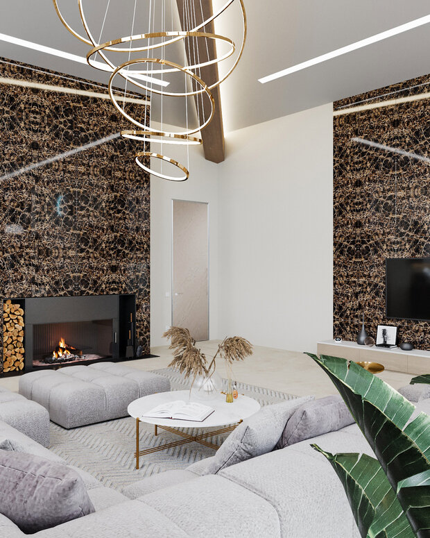 Визуализация интерьера гостиной в современном стиле с элементами минимализма