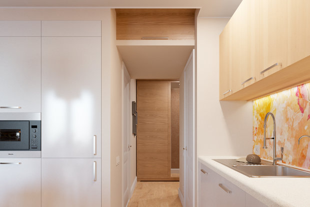 Фотография: Кухня и столовая в стиле Современный, Минимализм, Квартира, Россия, Планировки, Белый, Проект недели, Бежевый, Серый, Голубой, Коричневый, Санкт-Петербург, ИКЕА, Vibia, The Rug Company, Technika Arte Lamp, Wolfram, Zeitraum, Customform, Mr Perswall, Tabula Miele, Олеся Малицкая, Сергей Малицкий, Студия Малицких, как из однушки сделать трешку – фото на INMYROOM