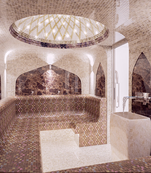 Фотография: Ванная в стиле Восточный, Классический, Современный, Эклектика, Дом, Планировки, Декор, Мебель и свет, Проект недели, Ар-деко, Подмосковье, SMANIA, Barovier & Toso, Никита Морозов, KM Studio, De Majo, Brummel Cucine, Ilfari, Tosconova, Spartherm, Manooi, Ceramgras Tiles, Dune Emphasis, Luce da Vivere Bubbles, Horus Art Ceramiche Wallpaper, Mirage Jewels, Sicis Emperador, Travertino Lucido, дом с кинотеатром, спортзалом и хаммамом, кинотеатр, спортзал и хаммам, дом с атриумом – фото на INMYROOM