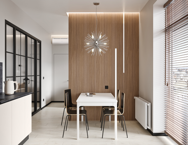 Перегородка между кухней и гостиной облицована керамогранитом под полированный камень с одной стороны и шпонированными панелями с другой.