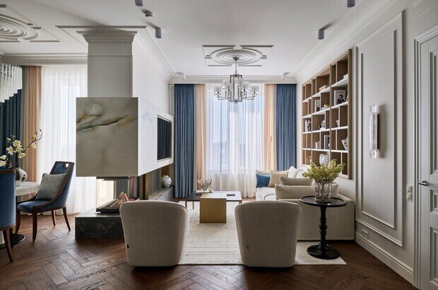 Фотография: Гостиная в стиле Классический, Современный, Квартира, Проект дня, 3 комнаты, Более 90 метров, Эксклюзивные проекты, современный с элементами неоклассики, Новосибирская область, Кольцово – фото на INMYROOM