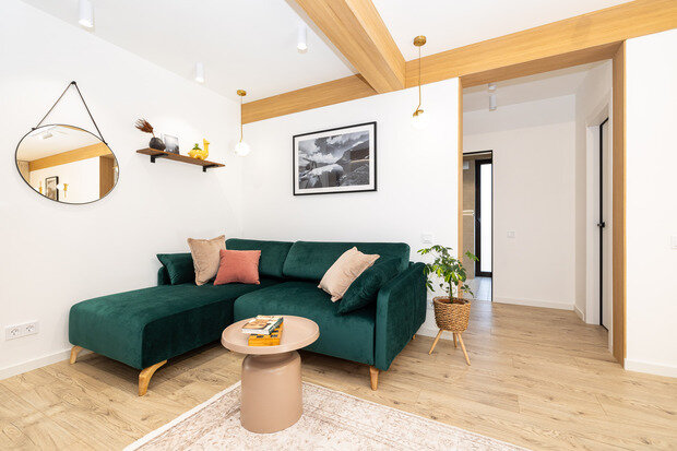 Фотография: Гостиная в стиле Современный, Квартира, Проект дня, Сочи, Блочный дом, 3 комнаты, 60-90 метров, Красная Поляна, современный с элементами минимализма и скандинавского стиля, Анна Терентьева – фото на INMYROOM