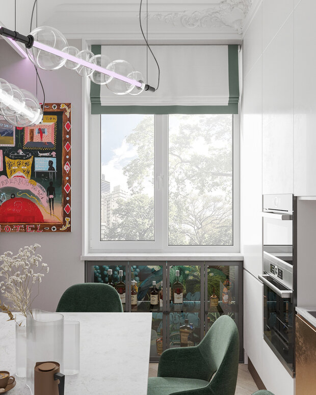 Место под подоконником использовали для создания домашнего мини-бара с подсветкой.