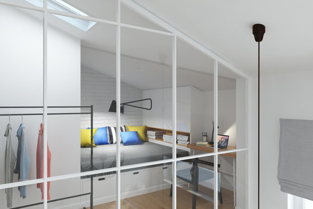 Фотография: Спальня в стиле Скандинавский, Гид, квартира в мансарде, Geometrium, интерьер мансарды, Маргарита Рассказова, Ольга Солнышкова, Виктория Лазарева, Ирина Райхер – фото на INMYROOM