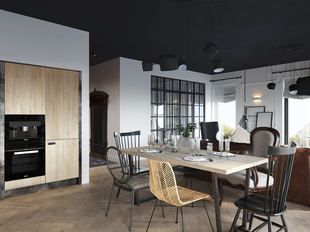 Фотография: Кухня и столовая в стиле Лофт, Эклектика, Квартира, Минимализм, Проект дня, Черный, Подмосковье, дерево в интерьере, инженерная доска, черный потолок в интерьере, 2 комнаты, 60-90 метров, Монолитно-кирпичный, Анна Сухая, коттеджный поселок Западная Долина – фото на INMYROOM