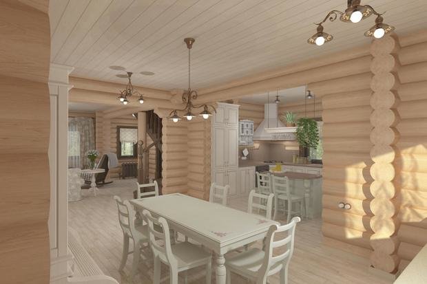 Фото из портфолио Гостиная-кухня в доме из бревна – фотографии дизайна интерьеров на INMYROOM