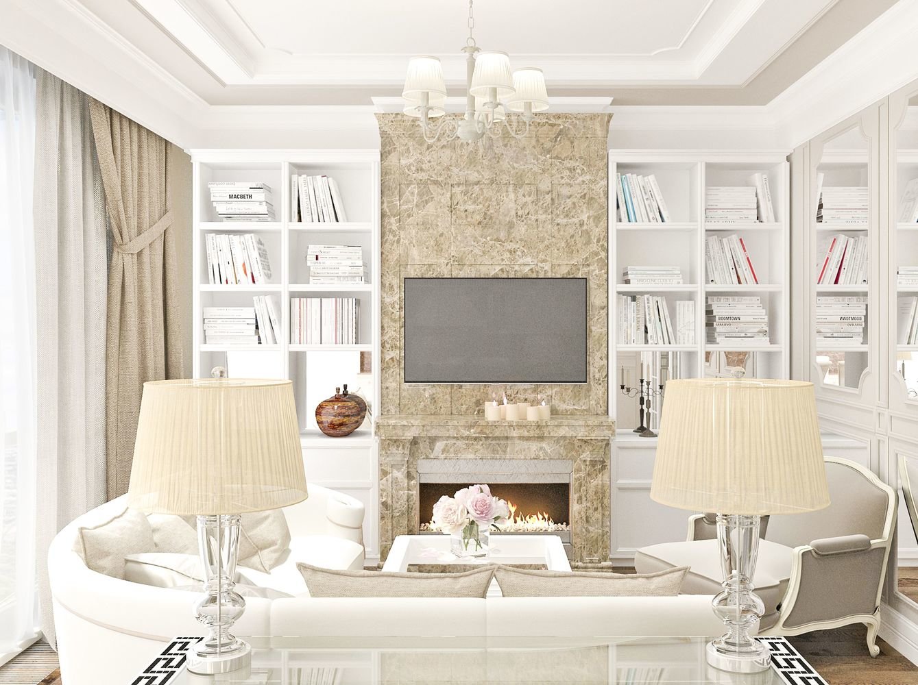 Фотография: в стиле , Классический, Современный, Квартира, Россия, Arte Lamp, Белый, Проект недели, Москва, Зеленый, Бежевый, Коричневый, Неоклассика, SELVA, Никита Морозов, KM Studio, Maytoni, Atlas Concorde Doga Vanilla Cassettone, Galimberti Nino, Preciosa, Sherwin-Williams, Moletta & Co, Хамовники, ЖК Литератор, Equipe Ceramicas, FAP Ceramice, Impronta Ceramice, Ariana Ceramica, дизайн кухни-гостиной с камином – фото на INMYROOM