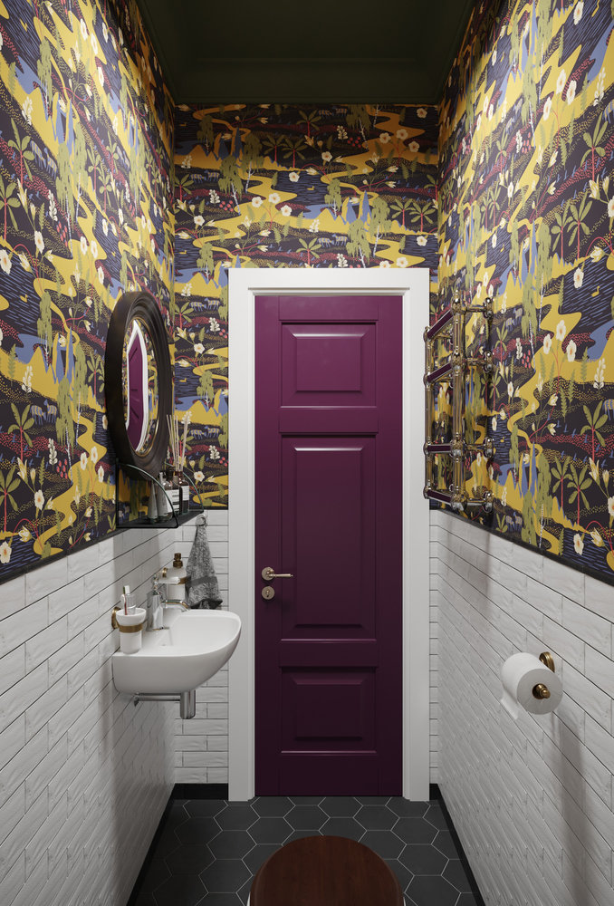 В гостевом санузле использовали смелые обои с ярким принтом. Их уравновесили белой плиткой. В гостевом санузле использовали смелые обои с ярким принтом. Их уравновесили белой плиткой.