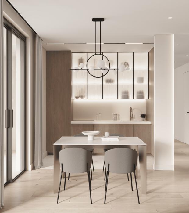 Визуализация интерьера кухни в стиле минимализм с элементами джапанди