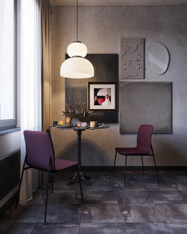 В отделке использовали декоративную штукатурку под бетон, керамогранит под металл.