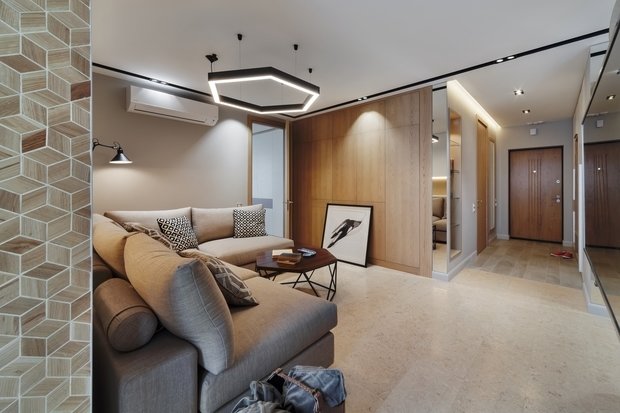 Интерьер гостиной в стиле минимализм с элементами джапанди