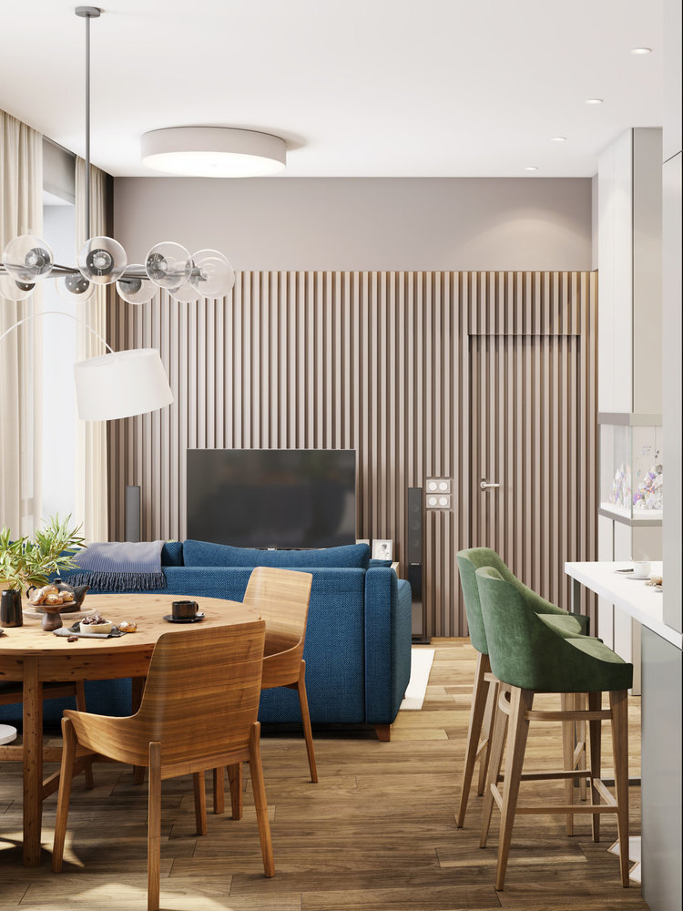 Фотография: Гостиная в стиле Современный, Кухня и столовая, Советы, расстояние между телевизором и диваном, Екатерина Саламандра, Бюро «Общая Площадь», Мегафон, телевизор в кухне, как разместить ТВ в кухне – фото на INMYROOM