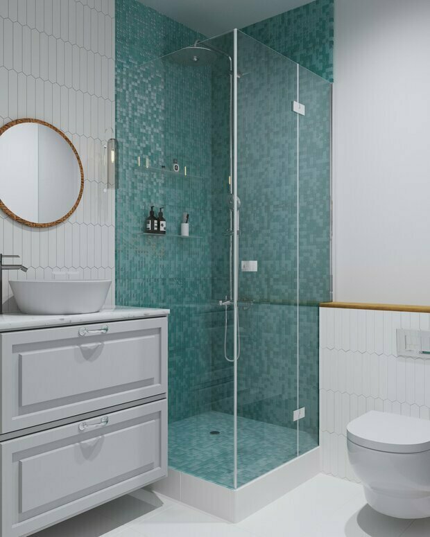 Стены, которые дальше от мокрых зон, выкрашены. Использованы молдинги. Добавлено дерево (с защитой от воды) в элементах декора.