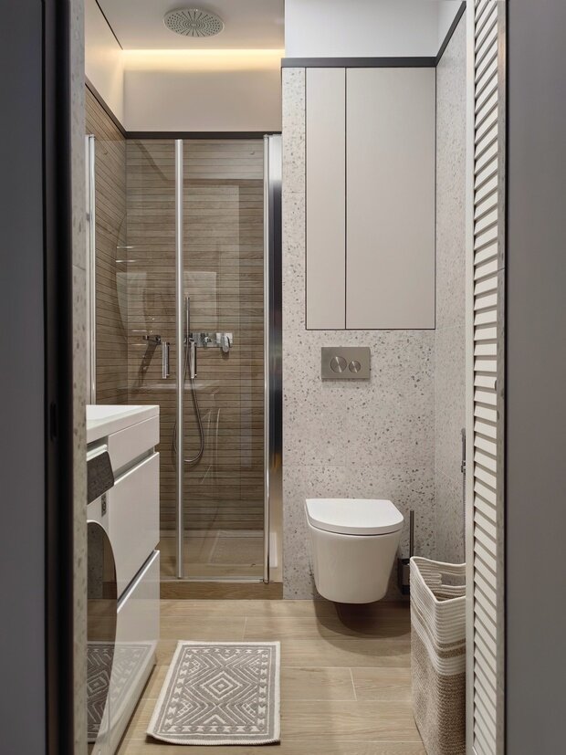 Фотография: Ванная в стиле Современный, Малогабаритная квартира, Квартира, Проект дня, Москва, Монолитный дом, 1 комната, до 40 метров, Юлия Гордеева, современный с элементами минимализма и скандинавского стиля, ЖК «Логос» – фото на INMYROOM