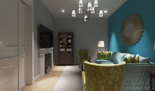 Визуализация интерьера гостиной в стиле эклектика