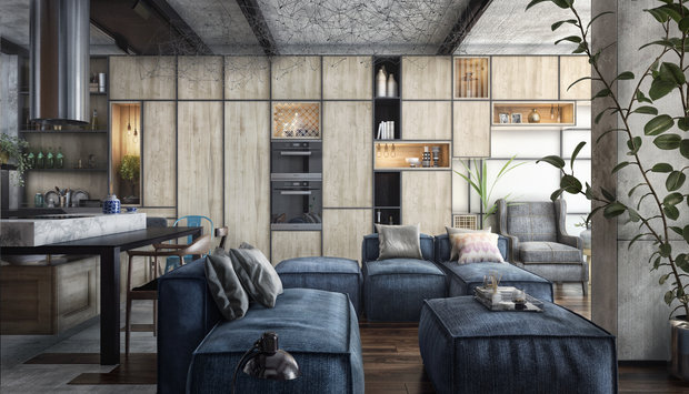 Фотография: Гостиная в стиле Лофт, Современный, Квартира, Проект недели, Москва, Серый, Коричневый, ToTaste Studio, Более 90 метров – фото на INMYROOM