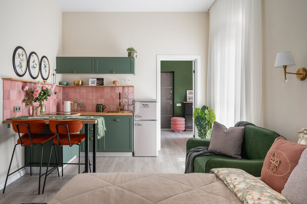 Фотография: Кухня и столовая в стиле Современный, Малогабаритная квартира, Квартира, Студия, Дизайн интерьера, Проект дня, Сочи, до 40 метров, Анастасия Дубовскова, дизайн студии, фото интерьера – фото на INMYROOM