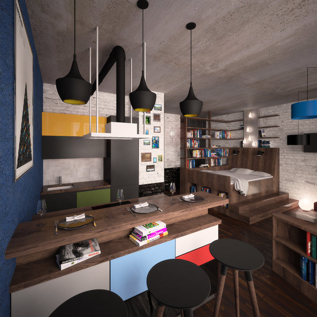 Фотография: Кухня и столовая в стиле Лофт, Эклектика, Квартира, Россия, Планировки, Мебель и свет, Белый, Проект недели, Черный, Зеленый, Желтый, Синий, Серый, Коричневый, Подмосковье, Красногорск, спальня-гостиная, Александр Колганов, Евгения Щепенок, model_bananova, как отгородить детскую в студии – фото на INMYROOM