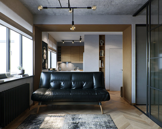 Фотография: Гостиная в стиле Лофт, Кухня и столовая, Ванная, Спальня, Квартира, Студия, Проект недели, Серый, Коричневый, до 40 метров, ПРЕМИЯ INMYROOM – фото на INMYROOM