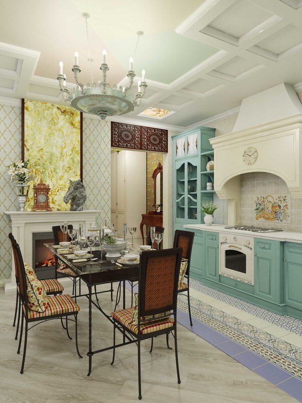 Фотография: Кухня и столовая в стиле Прованс и Кантри, Гостиная, Восточный, Квартира, Россия, Белый, Проект недели, Москва, Красный, Голубой, Бирюзовый, «Капитель», Марокко + Прованс, Елена Булагина – фото на INMYROOM