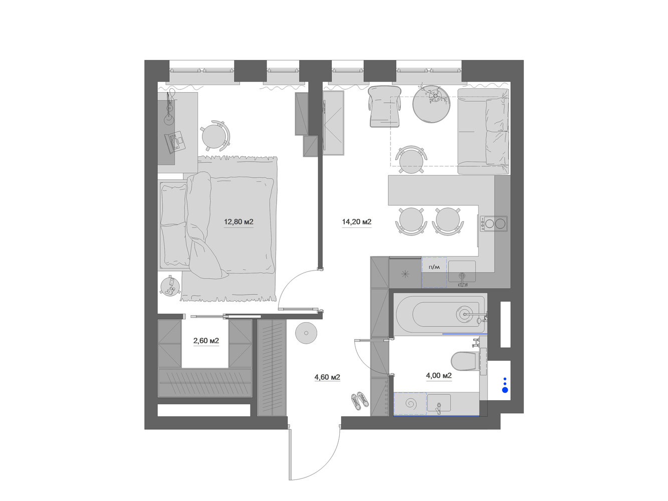 Фотография: Планировки в стиле , Современный, Квартира, Проект недели, Москва, Юлия Чернова, 1 комната, до 40 метров – фото на INMYROOM