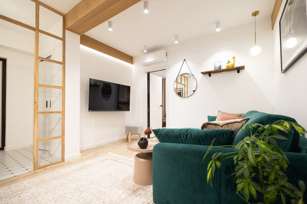 Фотография: Гостиная в стиле Современный, Квартира, Проект дня, Сочи, Блочный дом, 3 комнаты, 60-90 метров, Красная Поляна, современный с элементами минимализма и скандинавского стиля, Анна Терентьева – фото на INMYROOM