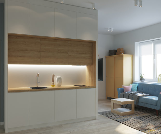 Фотография: Кухня и столовая в стиле Скандинавский, Минимализм, Современный, Квартира, Студия, Россия, Белый, Проект дня, Москва, Желтый, Голубой, Бирюзовый, до 40 метров, Legkocom – фото на INMYROOM