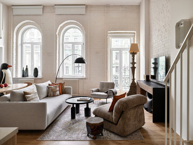 Фотография: Гостиная в стиле Скандинавский, Современный, Эклектика, Квартира, Проект дня, Санкт-Петербург, Кирпичный дом, 1 комната, Николай Банников, эклектика с элементами эко и современного стиля, Алена Дорофеева – фото на INMYROOM