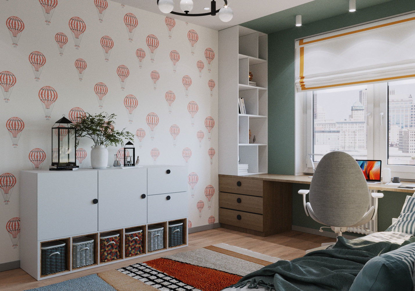 Ярким акцентом в детской стали обои с красными воздушными шарами