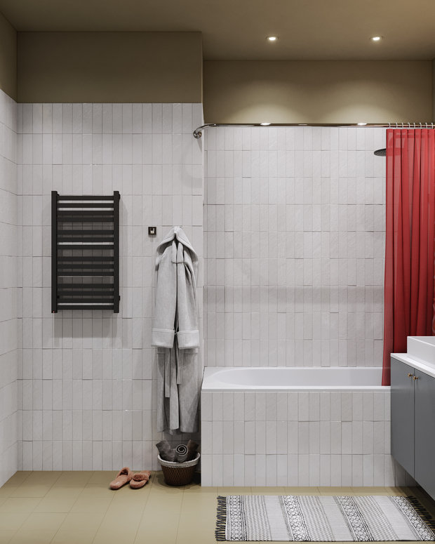 Потолок и часть стены выкрасили в цвет пола, а остальные стены выложили прямоугольной мелкоформатной плиткой.