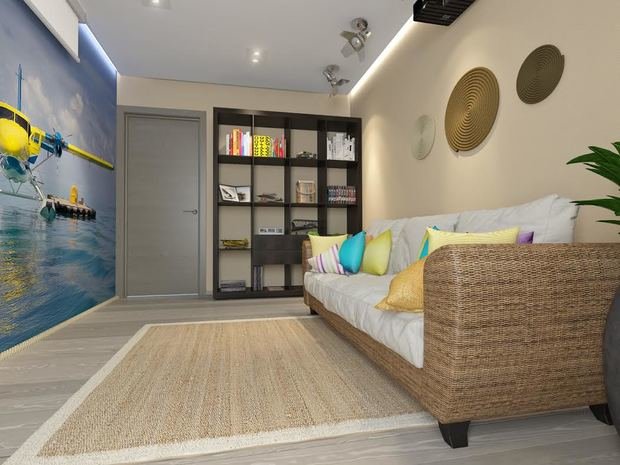 Фото из портфолио 4-х комнатная квартира с гостиной в светло-бежевых и нежно-голубых тонах – фотографии дизайна интерьеров на INMYROOM