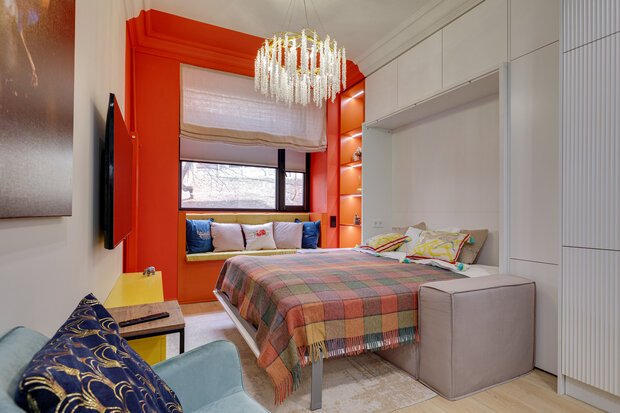 Фотография: Спальня в стиле Современный, Малогабаритная квартира, Квартира, Студия, Проект дня, Москва, Олег Коган, Кирпичный дом, до 40 метров – фото на INMYROOM