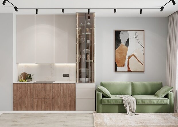 Визуализация интерьера кухни в современном стиле с элементами минимализма