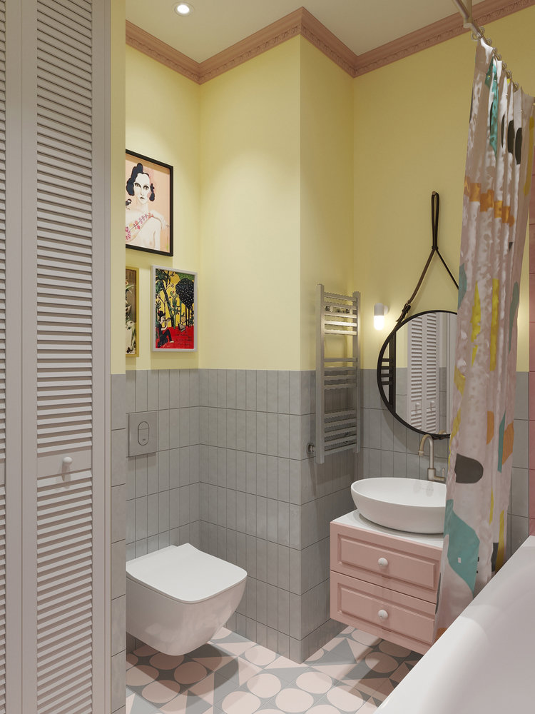 Фотография: Ванная в стиле Современный, Кухня и столовая, Прихожая, Гостиная, Спальня, Квартира, Проект недели, Желтый, Синий, Розовый, 2 комнаты, 40-60 метров, ПРЕМИЯ INMYROOM – фото на INMYROOM Фотография: Ванная в стиле Современный, Кухня и столовая, Прихожая, Гостиная, Спальня, Квартира, Проект недели, Желтый, Синий, Розовый, 2 комнаты, 40-60 метров, ПРЕМИЯ INMYROOM – фото на INMYROOM