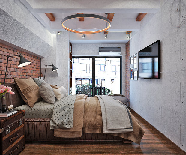 Фото из портфолио Винтаж, натуральный кирпич, индустриал: отличное сочетание в спальне – фотографии дизайна интерьеров на INMYROOM