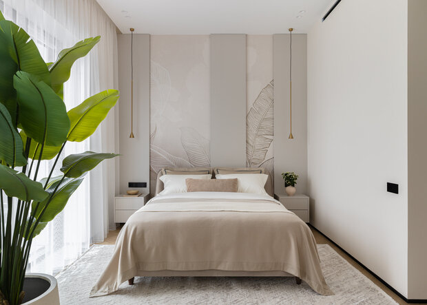 Фотография: Спальня в стиле Современный, Квартира, Проект дня, Монолитный дом, 3 комнаты, Более 90 метров, Эксклюзивные проекты, Оксана Галактионова, минимализм с элементами современного дизайна – фото на INMYROOM