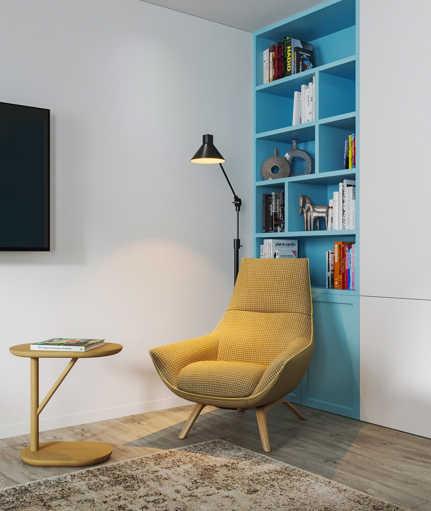 В гостиной расположена зона хранения в виде неглубоких шкафов. Однако их глубины достаточно, чтобы вместить пылесос и объемный текстиль (одеяла, подушки, пледы). Шкаф дополнен открытой секцией для книг и декора.