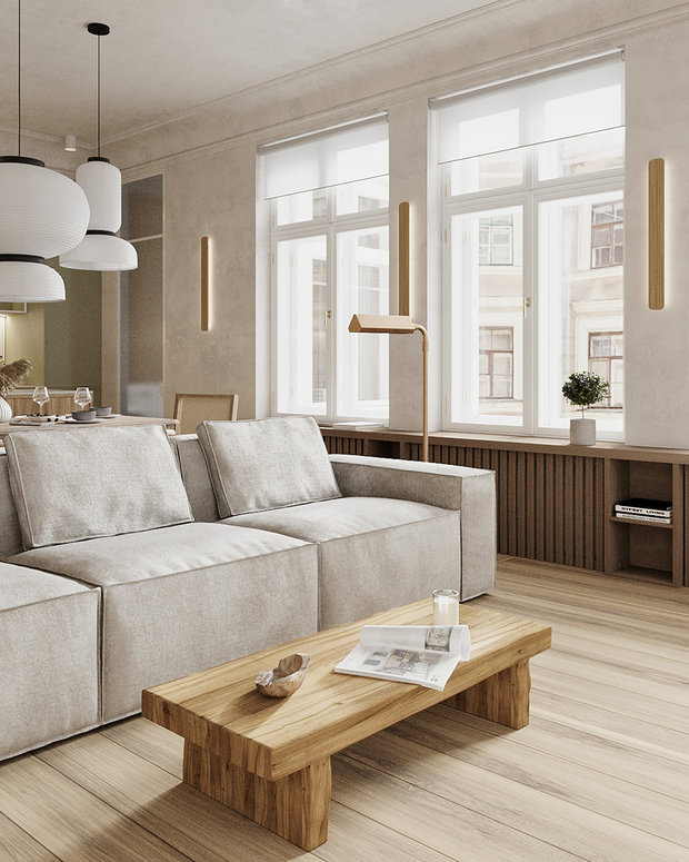 Теплая цветовая гамма компенсирует недостаток света в типичном петербургском дворе.