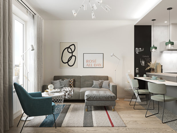 Фотография: Гостиная в стиле Скандинавский, Квартира, Проект недели, Москва, 2 комнаты, 60-90 метров, Эльжбета Чегарова – фото на INMYROOM