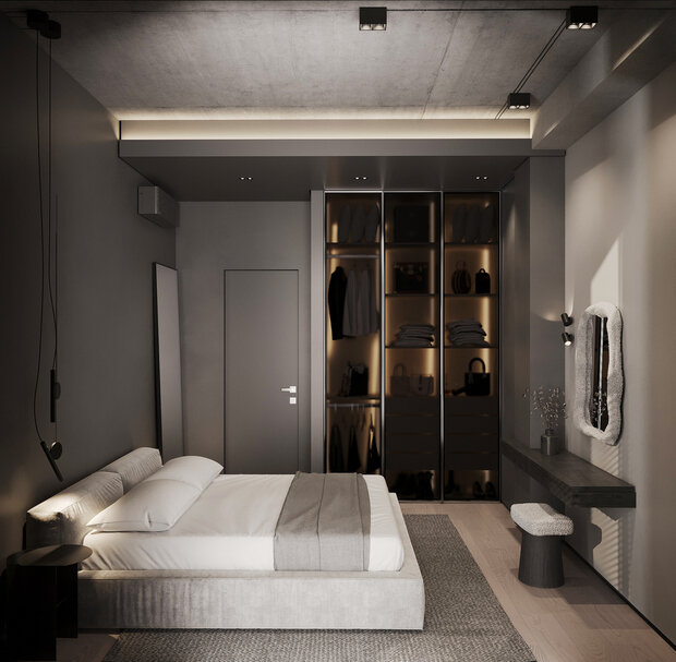 Визуализация интерьера спальни в стиле минимализм с элементами лофт