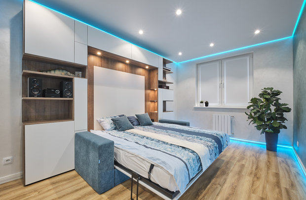 Фотография: Спальня в стиле Современный, Минимализм, Лофт, Эклектика, Квартира, Проект недели, Москва, 1 комната, 40-60 метров, студия «Особинка», Ксения Розанцева – фото на INMYROOM