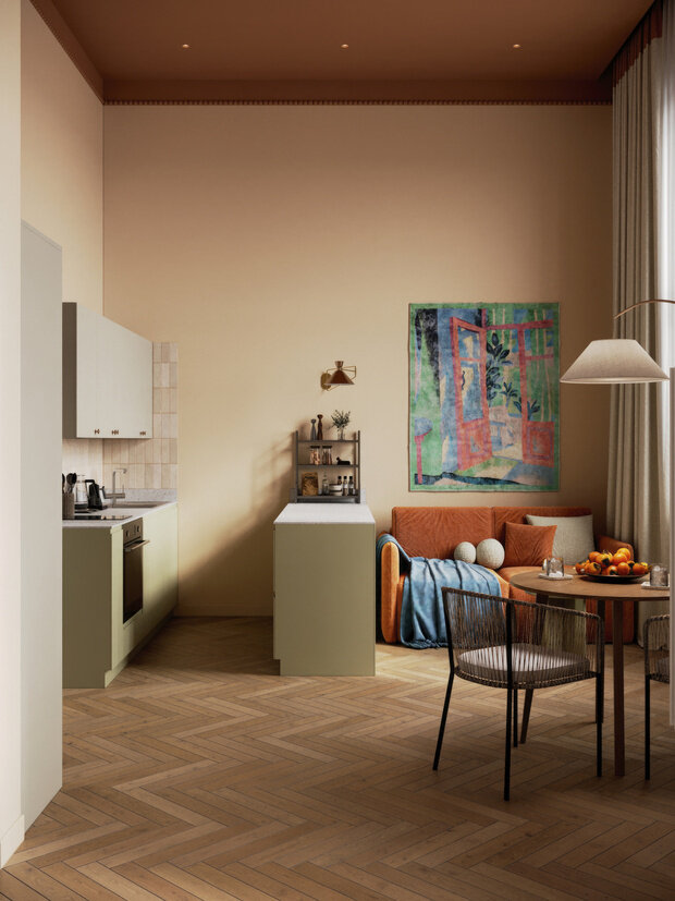 Потолок сделили цветным, плюс добавили цветной кант и декоративные полусферы на верхнюю часть стены. Это визуально уменьшило высоту стен и избавило от ощущения колодца.